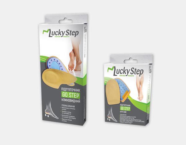 Серия упаковок «LuckyStep» (макулатурный картон с белым оборотом, печать 5+0 – CMYK+Pantone, защитный матовый лак, высечка, поклейка)