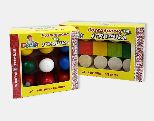 Упаковка для детских деревяных игрушек ТМ «Руді» (картон МО, гофро-картон, печать 4+0, глянцевая ламинация, высечка, поклейка)